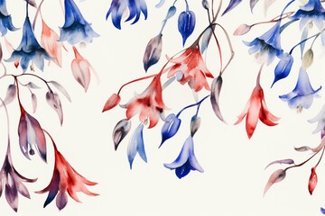 Fototapeta na wymiar Vintage fantasy red bluebell watercolor pattern on white. Generative AI