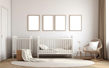 White nursery room with four blank frames mockup on the wall created with Generative AI technology