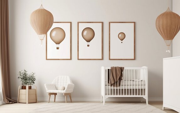Nursery with a white armchair and crib with three balloon pictures on the wall created with Generative AI technology