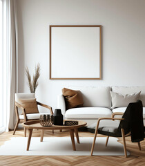 A Contemporary Twist, Scandinavian Minimalism in a 3D Living Room Interior,with frame mockup