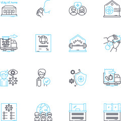 Virus spread linear icons set. Contagion, Infectious, Outbreak, Epidemic, Pandemic, Transmission, Infected line vector and concept signs. Isolation,Quarantine,Virus outline illustrations