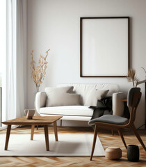 A Contemporary Twist, Scandinavian Minimalism in a 3D Living Room Interior,with frame mockup