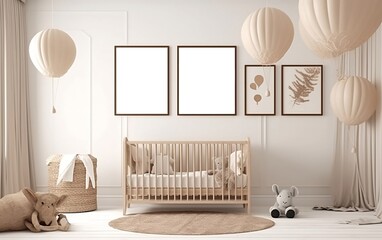 Fototapeta na wymiar White nursery room with two blank frames mockup on the wall created with Generative AI technology