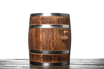 Wooden barrel on table against white background
