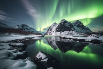 Fototapeta na wymiar Stunning winter scenery in Norway: Auroras over snowy Lofoten Islands riverbed & mountains. Creative & amazing. Generative AI