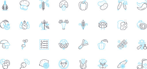 Produce linear icons set. Fresh, Ripe, Seasonal, Organic, Local, Juicy, Nutritious line vector and concept signs. Farm-fresh,Sustainably-grown,Flavorsome outline illustrations