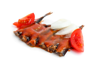 Canned fish in tomato sauce with vegetables isolated on white background