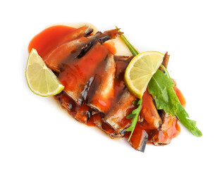 Canned fish in tomato sauce with lime slices and arugula isolated on white background
