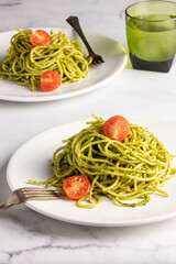 Gluten-free spaghetti with vegan pesto