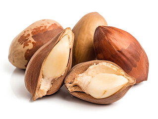 A pile of hazelnuts with the skin peeled and the skin is cracked.