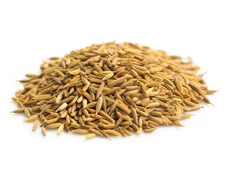 A pile of cumin seeds sits on a white surface.