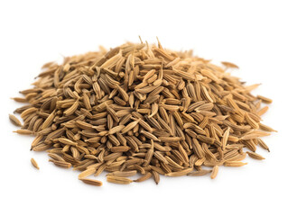 A pile of cumin seeds sits on a white surface.