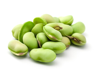 A pile of green pistachios on a white background.