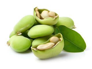 A pile of green pistachios on a white background.