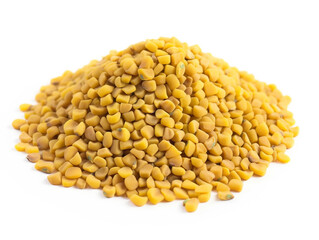 A pile of yellow lentils on a white background.