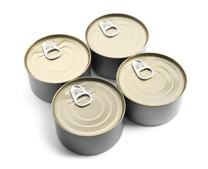 Tin cans with fish isolated on white background