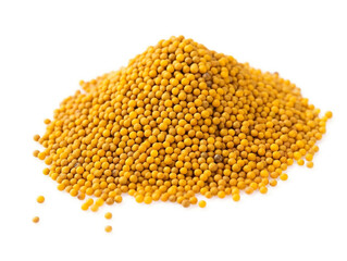 A pile of yellow mustard seeds on a white background