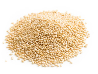 A pile of white sesame seeds on a white background