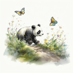 an illustration of a young panda chasing butterflies 