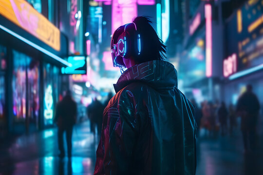 Cyber man in the neon city of the future. Neural network AI generated art