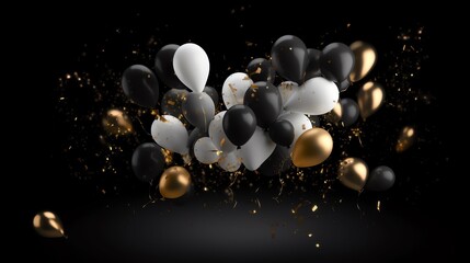 black, white and gold balloons with glitter confetti, party, new years eye, classy, black background, ai generative 