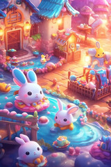 Fototapeta na wymiar adorable and cute Creative Cartoon Fantasy and adorable and cute character Artistic and Playful Designs in a Colorful Village - Generative AI