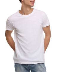 Man wearing stylish t-shirt on white background, closeup. Mockup for design