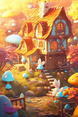 Obraz na płótnie Canvas Creative Cartoon Fantasy and adorable and cute character Artistic and Playful Designs in a Colorful Village - Generative AI 