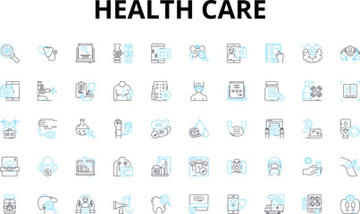 Health care linear icons set. Wellness, Medicine, Insurance, Prevention, Diagnosis, Rehabilitation, Emergency vector symbols and line concept signs. Surgery,Therapy,Nutrition illustration