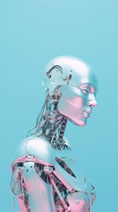 Cyborg with glossy metallic skin on a pastel colored background. Futuristic robot artificial intelligence concept. Dreamy colorful creative vibe aesthetics. Generative AI.