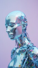 Cyborg with glossy metallic skin on a pastel colored background. Futuristic robot artificial intelligence concept. Dreamy colorful creative vibe aesthetics. Generative AI.