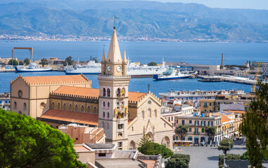 View of Messina city with Piazza del Duomo and Cathedral, Italy. Harbour and strait of Messina between Sicily and Italy. Calabria coastline in background