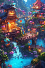 Beautiful Brilliance: Colorful Plants and Playful Characters in a Fantasy Village - Generative AI
