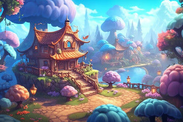 Beautiful Brilliance: Colorful Plants and Playful Characters in a Fantasy Village - Generative AI
