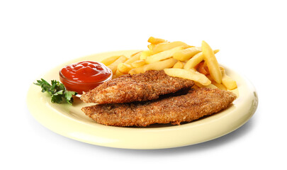 Plate with tasty fried codfish, sauce and french fries on white background