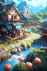 Playful Designs: Blurred Elements and Vibrant Colors in a Fantasy Village - Generative AI
