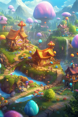 Obraz na płótnie Canvas Playful Designs: Blurred Elements and Vibrant Colors in a Fantasy Village - Generative AI 