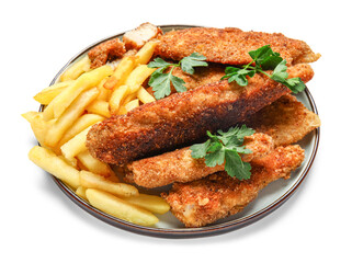 Plate of tasty fried codfish with french fries on white background