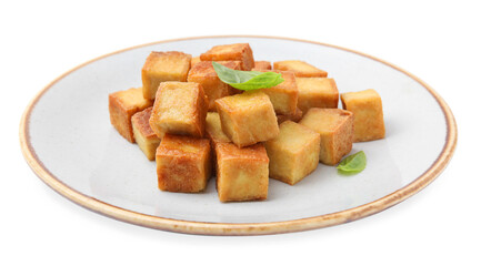 Plate with delicious fried tofu on white background