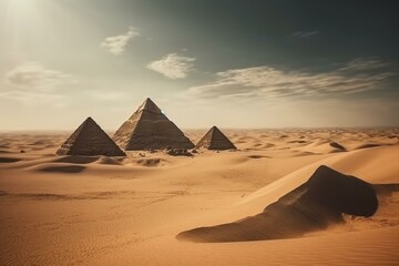Pyramids in desert landscape under the sun. Generative AI
