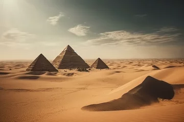 Poster Pyramids in desert landscape under the sun. Generative AI © Moriko