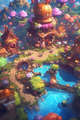 Oasis of Whimsy: Illuminated and Unique Fantasy Village with Delightful Charm - Generative AI
