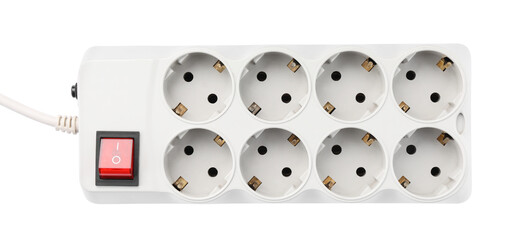 Power strip with extension cord on white background, top view. Electrician's equipment