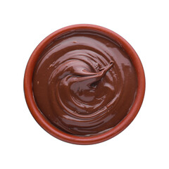 Bowl of tasty chocolate paste isolated on white, top view