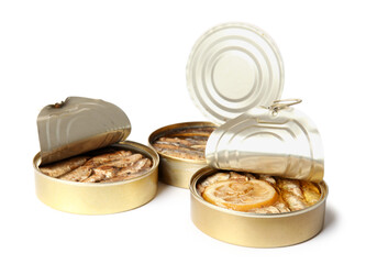 Opened tin cans with fish isolated on white background