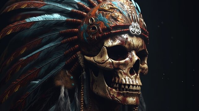 skull head wearing indian chief accessories, digital art illustration, Generative AI
