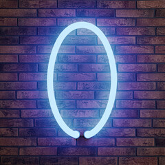 Glowing neon number 0 sign on brick wall