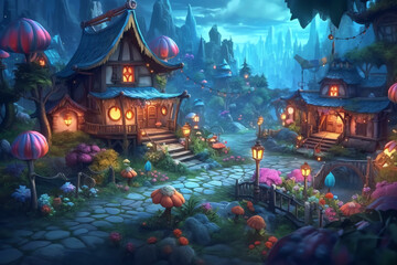 Enchanting Lighting and Whimsical Designs in a Light Bronze Fantasy Village - Generative AI
