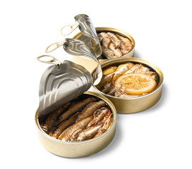 Opened tin cans with sprats in oil isolated on white background