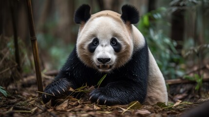Chubby little panda bear with bamboo. AI generated